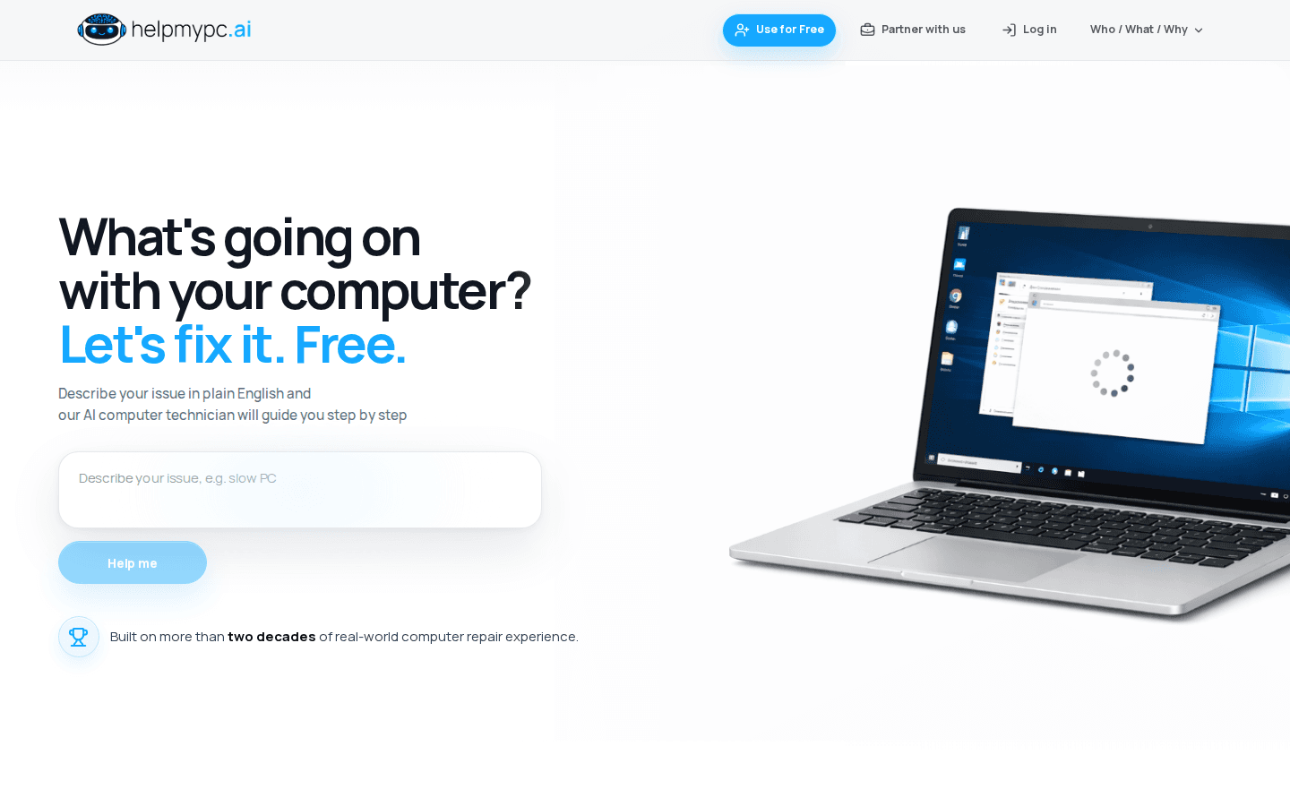 Public helpmypc.ai homepage showing the AI computer help experience